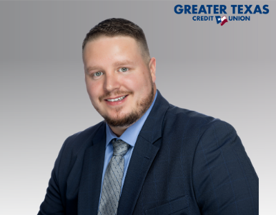 Picture of man smiling for a company headshot with the "Greater Texas Credit Union Logo" on the upper right side.